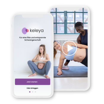 Auf dem Bildschirm eines weißen Smartphones sieht man die Startseite der keleya-App. Auf einem zweiten Bildschirm sieht man ein Video der App.