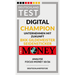 Testsiegel von Focus Money mit der Auszeichnung "digital Champion" für die BKK GILDEMEISTER SEIDENSTICKER