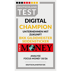 Testsiegel von Focus Money mit der Auszeichnung "digital Champion" für die BKK GILDEMEISTER SEIDENSTICKER
