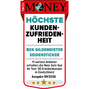 Testsiegel von Focus Money mit der Auszeichnung "Höchste Kundenzufriedenheit" für die BKK GILDEMEISTER SEIDENSTICKER